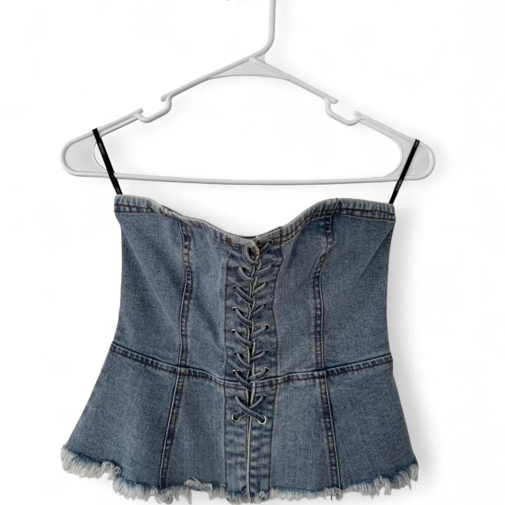 Forever 21 90s burnout grunge slinky flared lace-up corset denim top size S